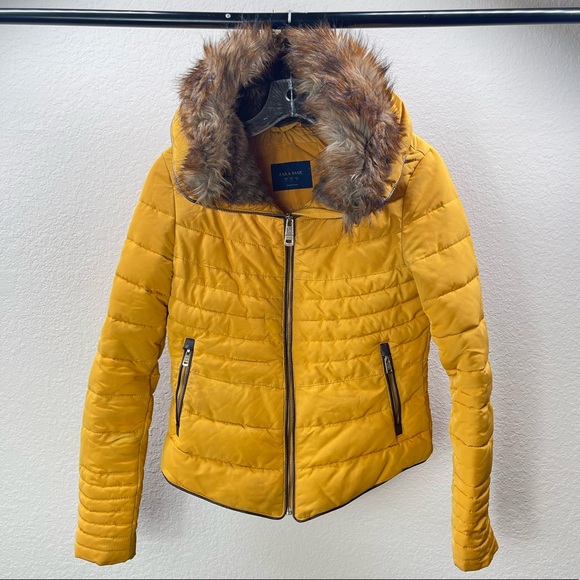 Zara Jackets & Blazers - #12 Mustard Gold Fitted Puffer Quilted Winter Jacket Short Coat Fur Outerwear gf